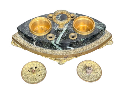 Antique French Empire Revival Green Marble & Gilt Bronze Inkwell, c. Late 19th Century