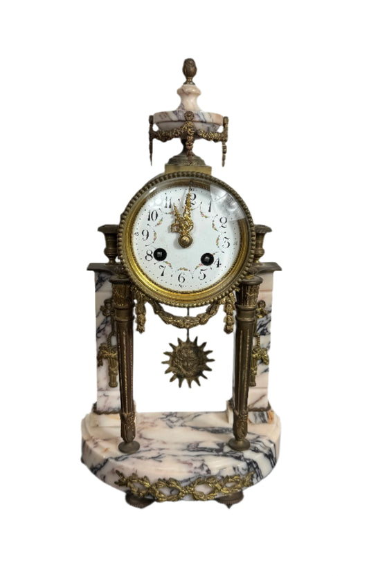Antique French Marble and Bronze Portico Clock with Sunburst Pendulum