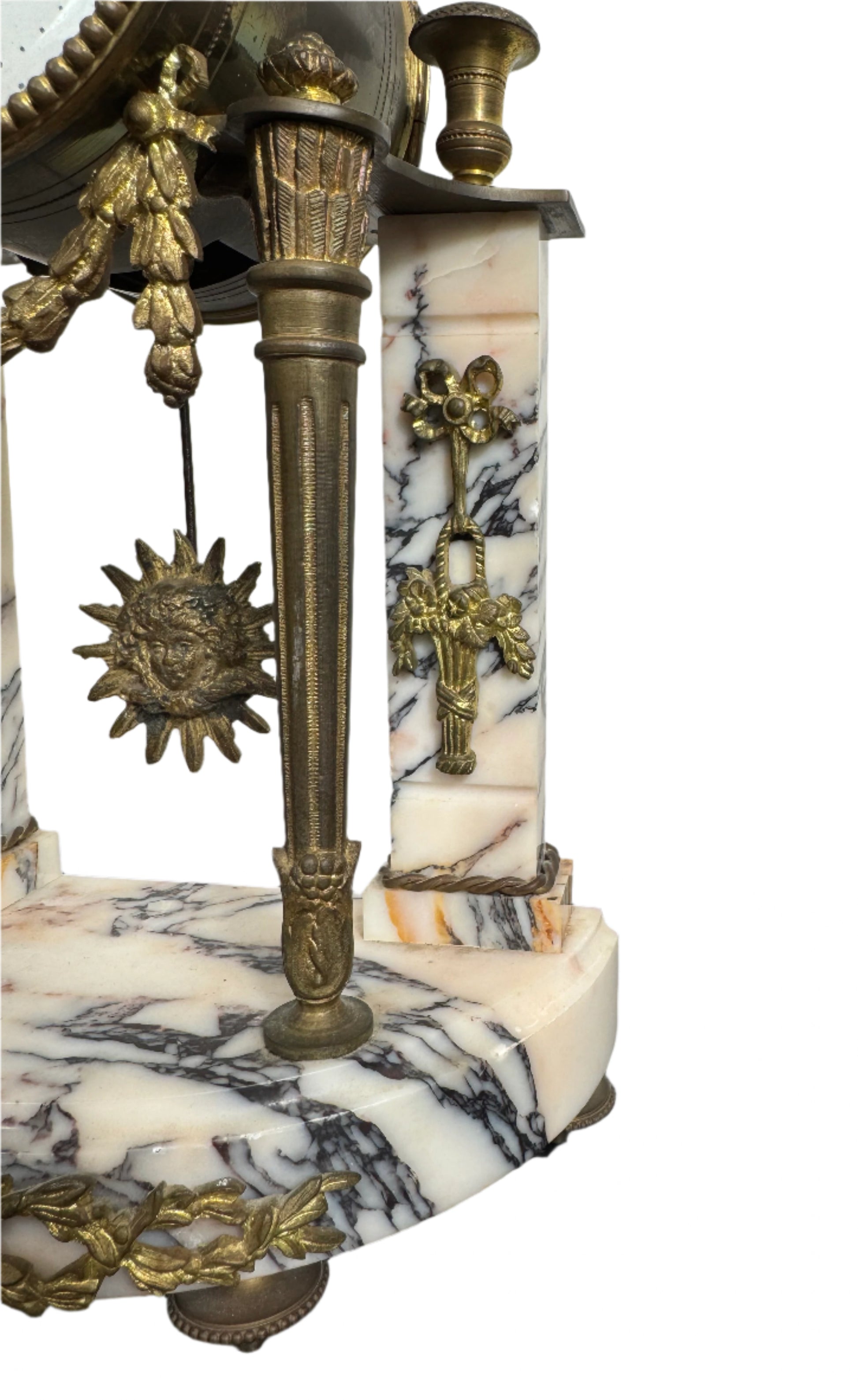Antique French Marble and Bronze Portico Clock with Sunburst Pendulum