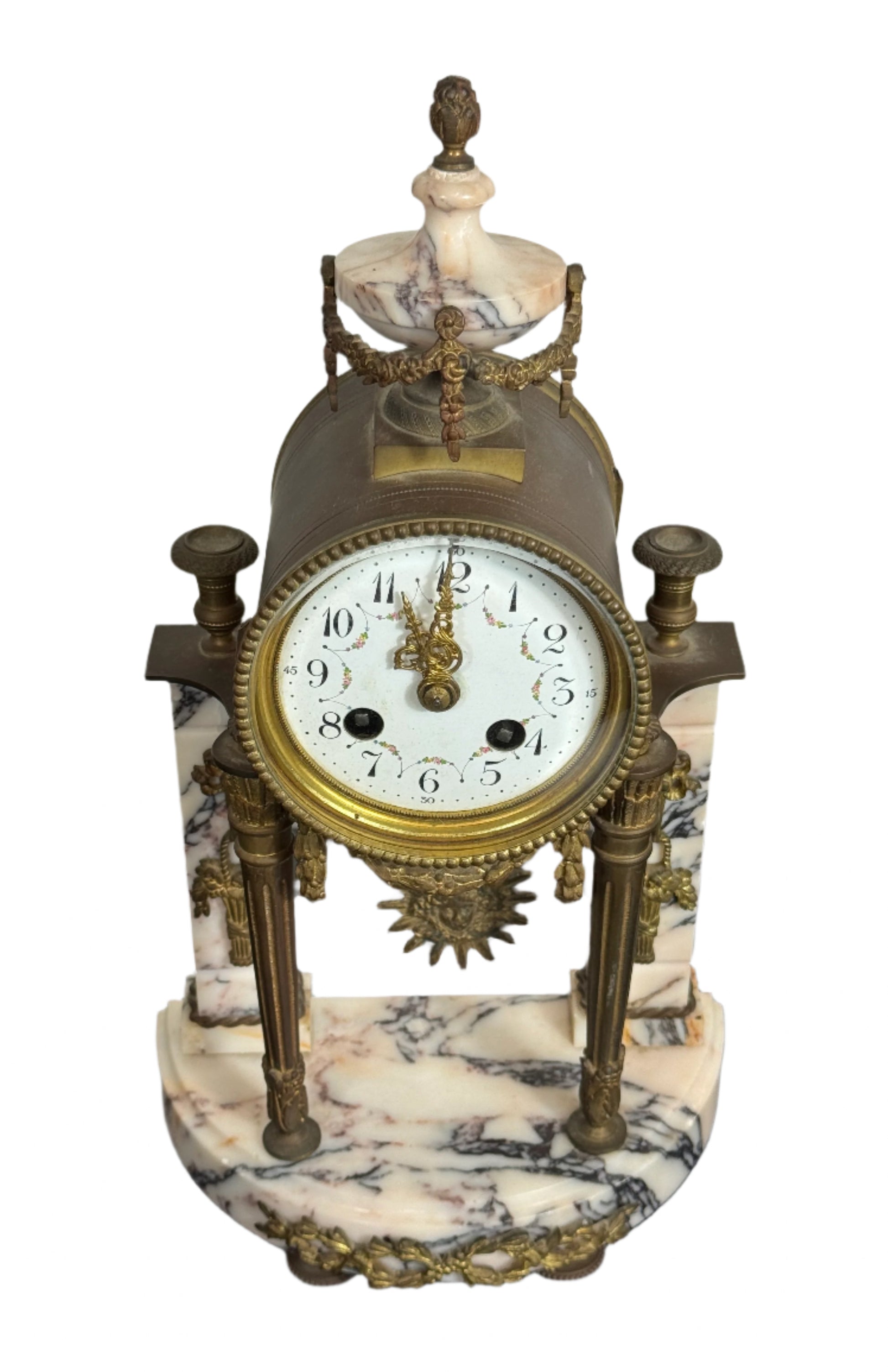 Antique French Marble and Bronze Portico Clock with Sunburst Pendulum