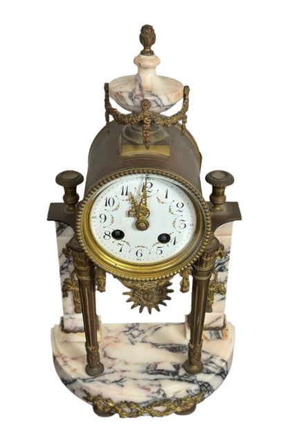 Antique French Marble and Bronze Portico Clock with Sunburst Pendulum