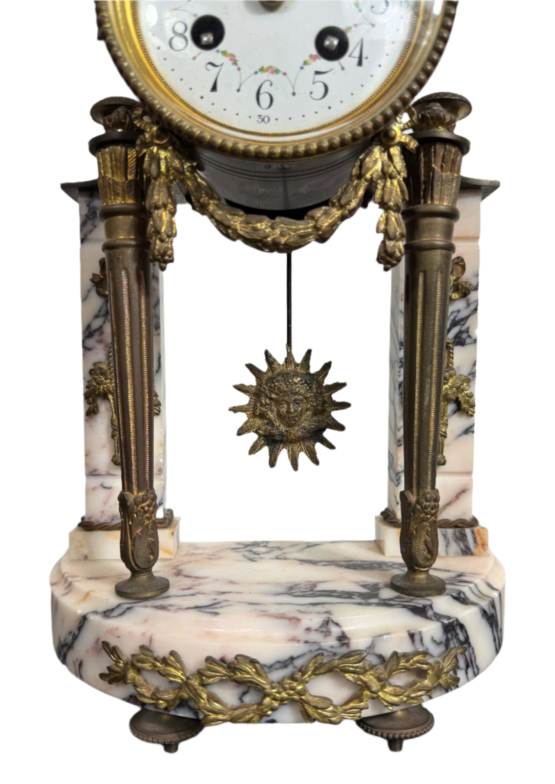 Antique French Marble and Bronze Portico Clock with Sunburst Pendulum