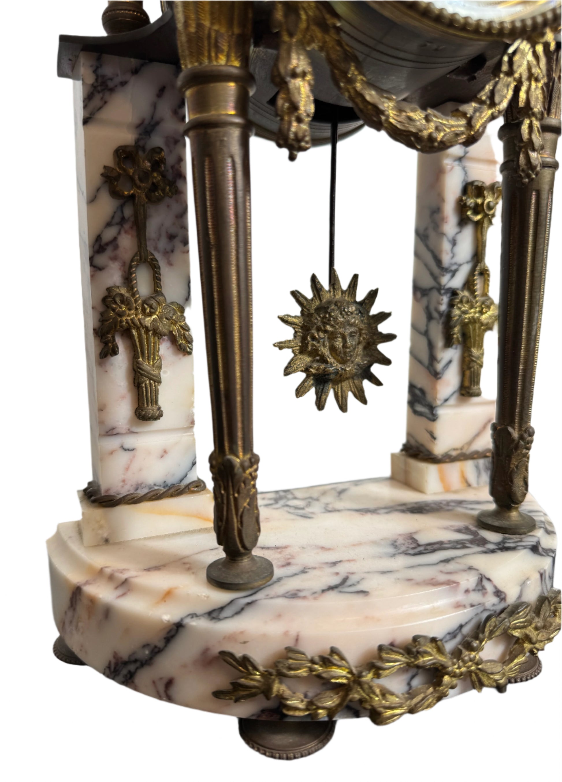 Antique French Marble and Bronze Portico Clock with Sunburst Pendulum