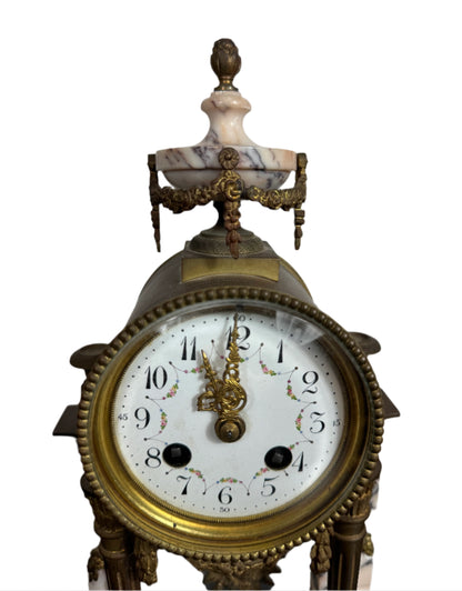 Antique French Marble and Bronze Portico Clock with Sunburst Pendulum