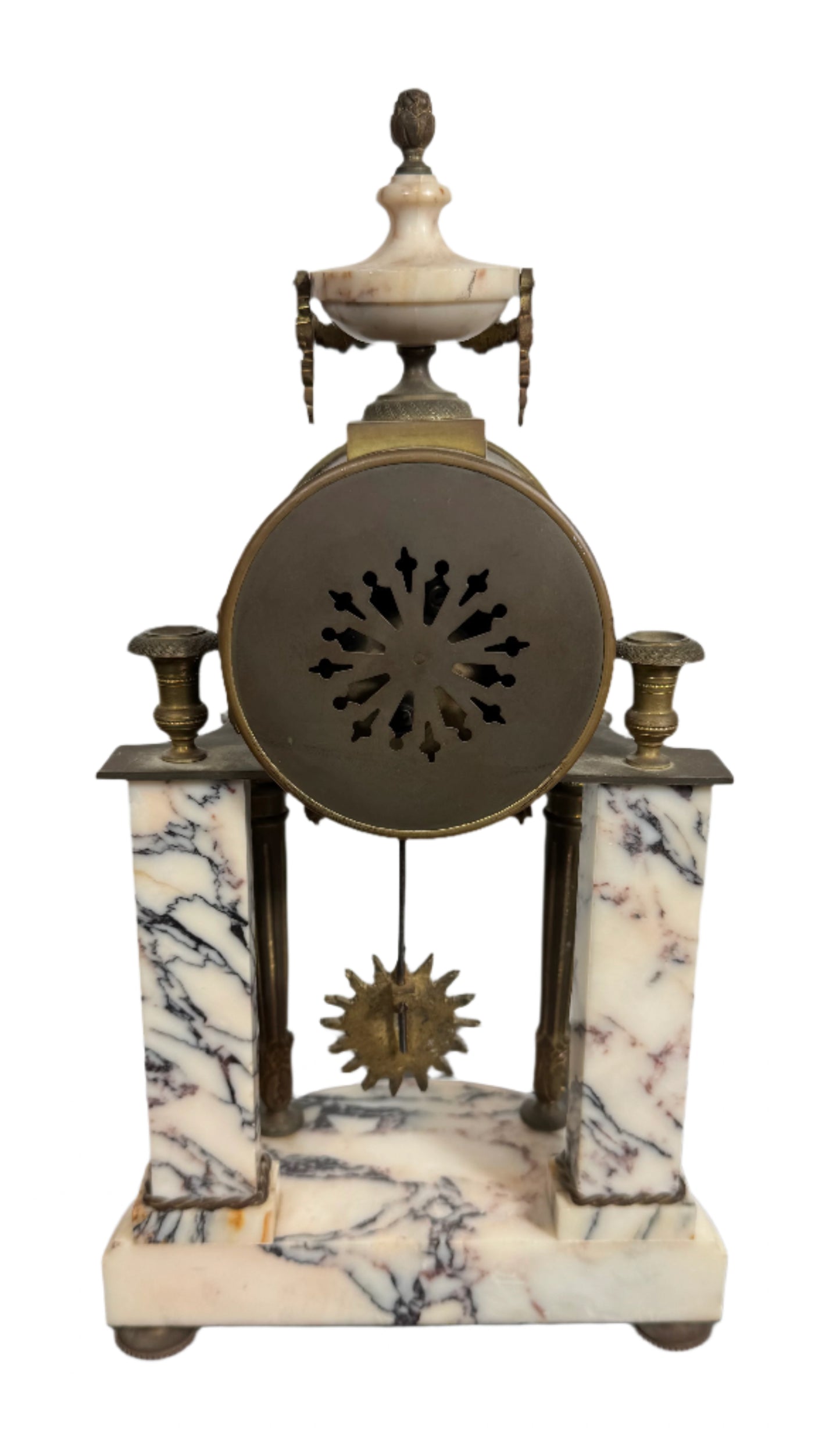 Antique French Marble and Bronze Portico Clock with Sunburst Pendulum