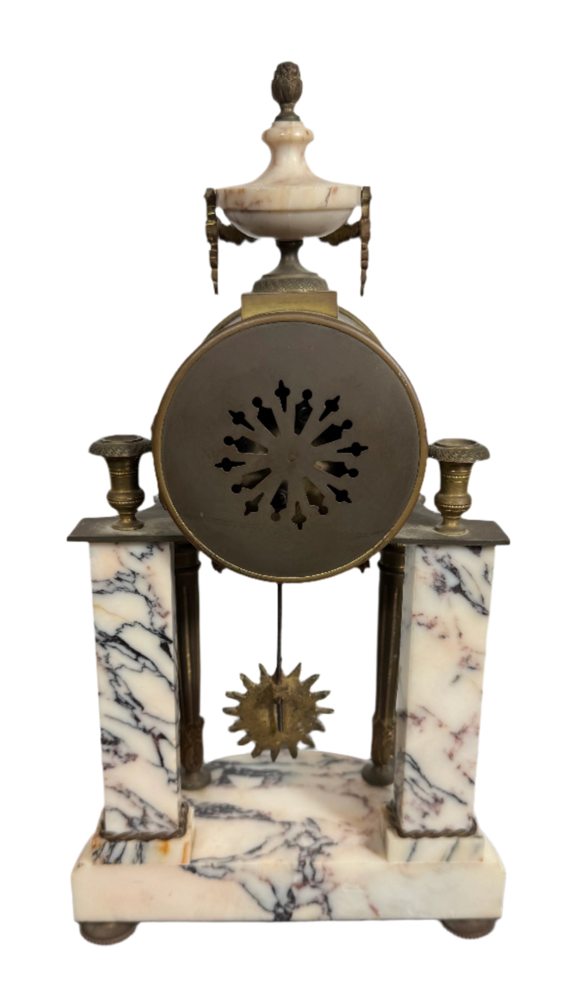 Antique French Marble and Bronze Portico Clock with Sunburst Pendulum