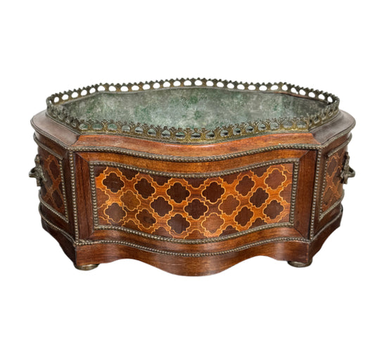 Antique French Marquetry Jardinière with Brass Gallery & Original Zinc Liner