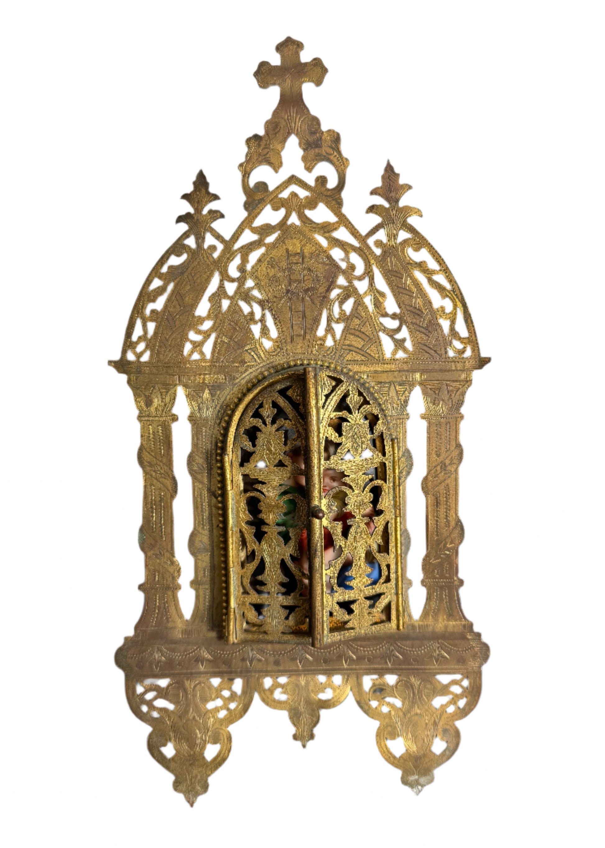Antique German Gothic Revival Gilt Brass Triptych Shrine with Porcelain Plaque of Madonna and Child
