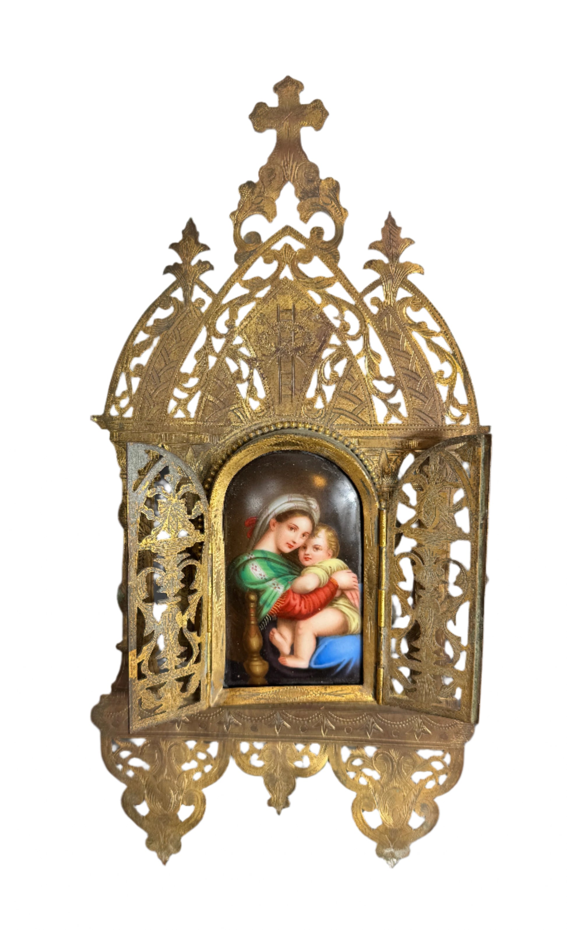 Antique German Gothic Revival Gilt Brass Triptych Shrine with Porcelain Plaque of Madonna and Child