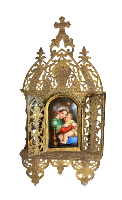 Antique German Gothic Revival Gilt Brass Triptych Shrine with Porcelain Plaque of Madonna and Child