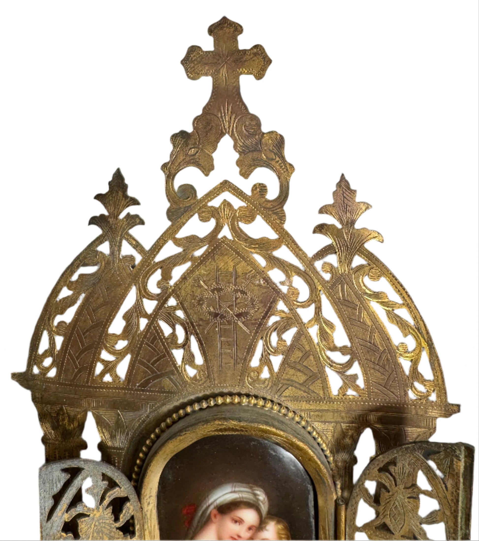 Antique German Gothic Revival Gilt Brass Triptych Shrine with Porcelain Plaque of Madonna and Child