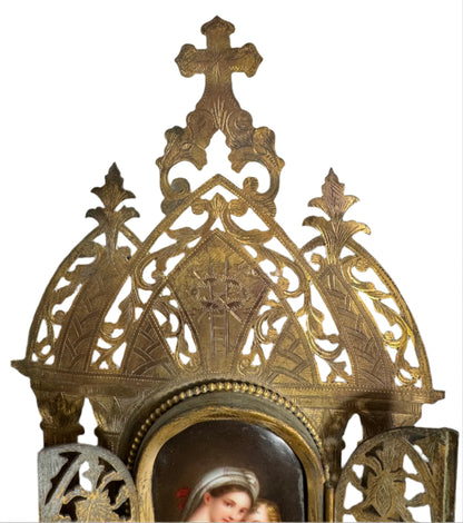 Antique German Gothic Revival Gilt Brass Triptych Shrine with Porcelain Plaque of Madonna and Child