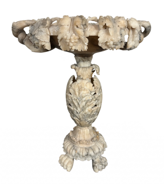 Antique Italian Carved Alabaster Urn on Pedestal with Fruit Garlands & Paw Feet