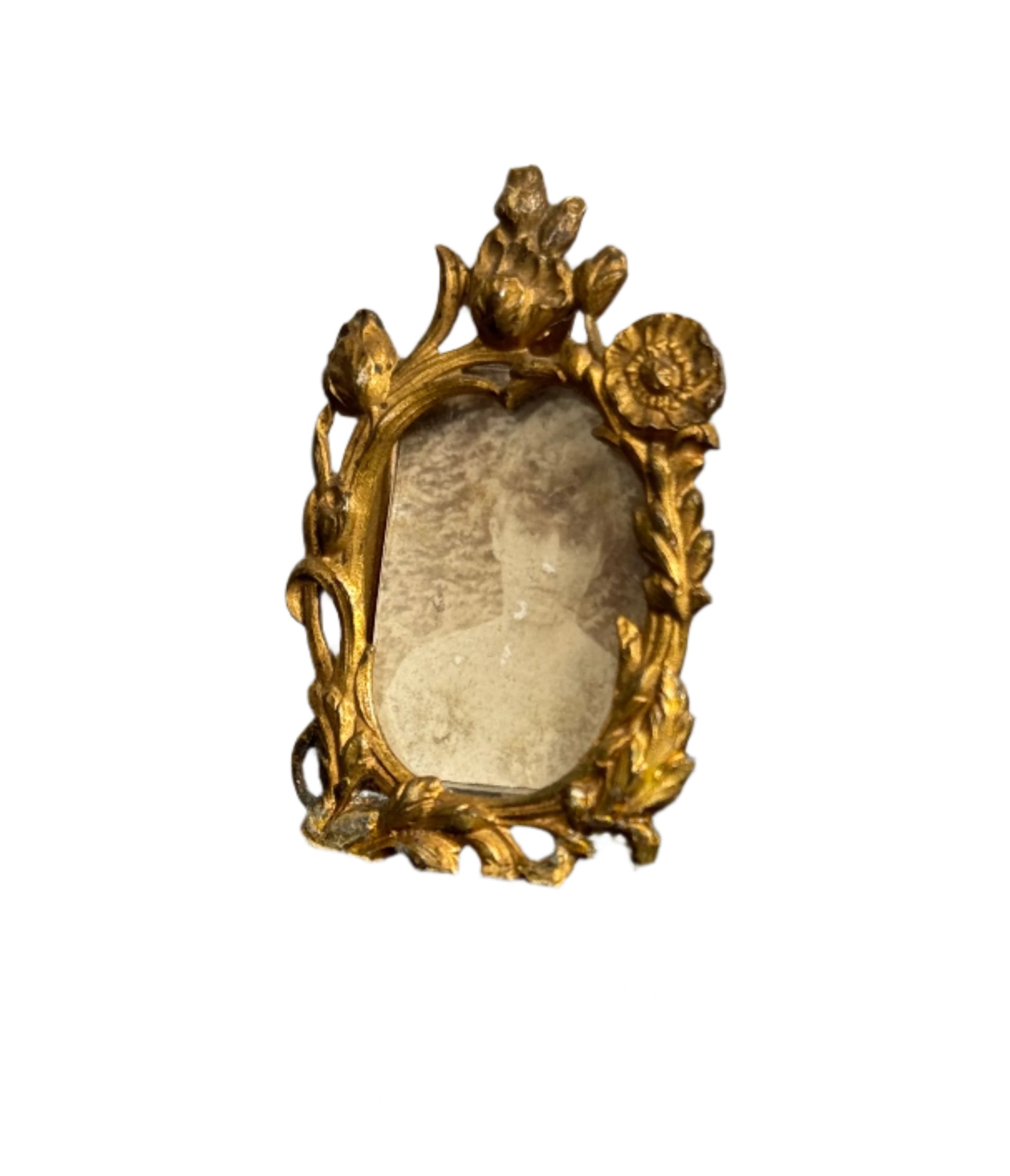 Antique Miniature Bronze Picture Frame with Floral Garland