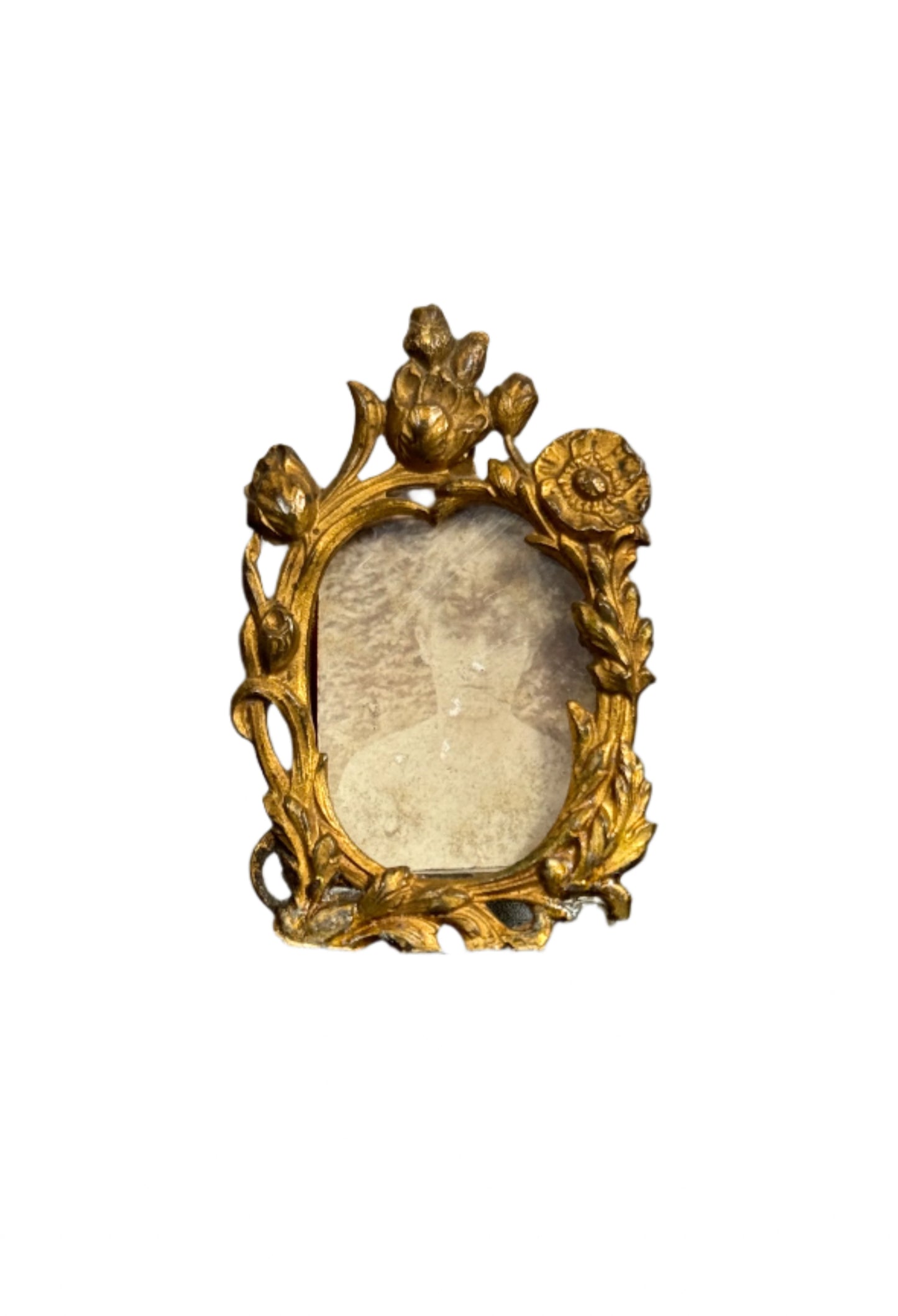 Antique Miniature Bronze Picture Frame with Floral Garland