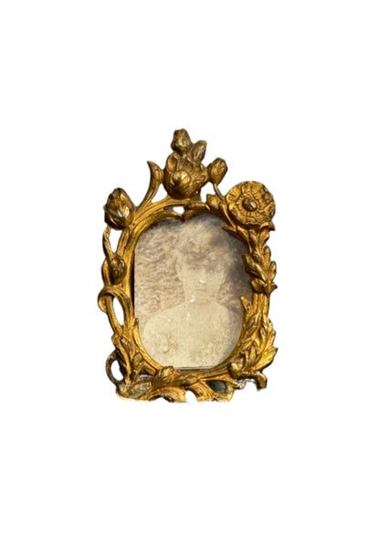 Antique Miniature Bronze Picture Frame with Floral Garland
