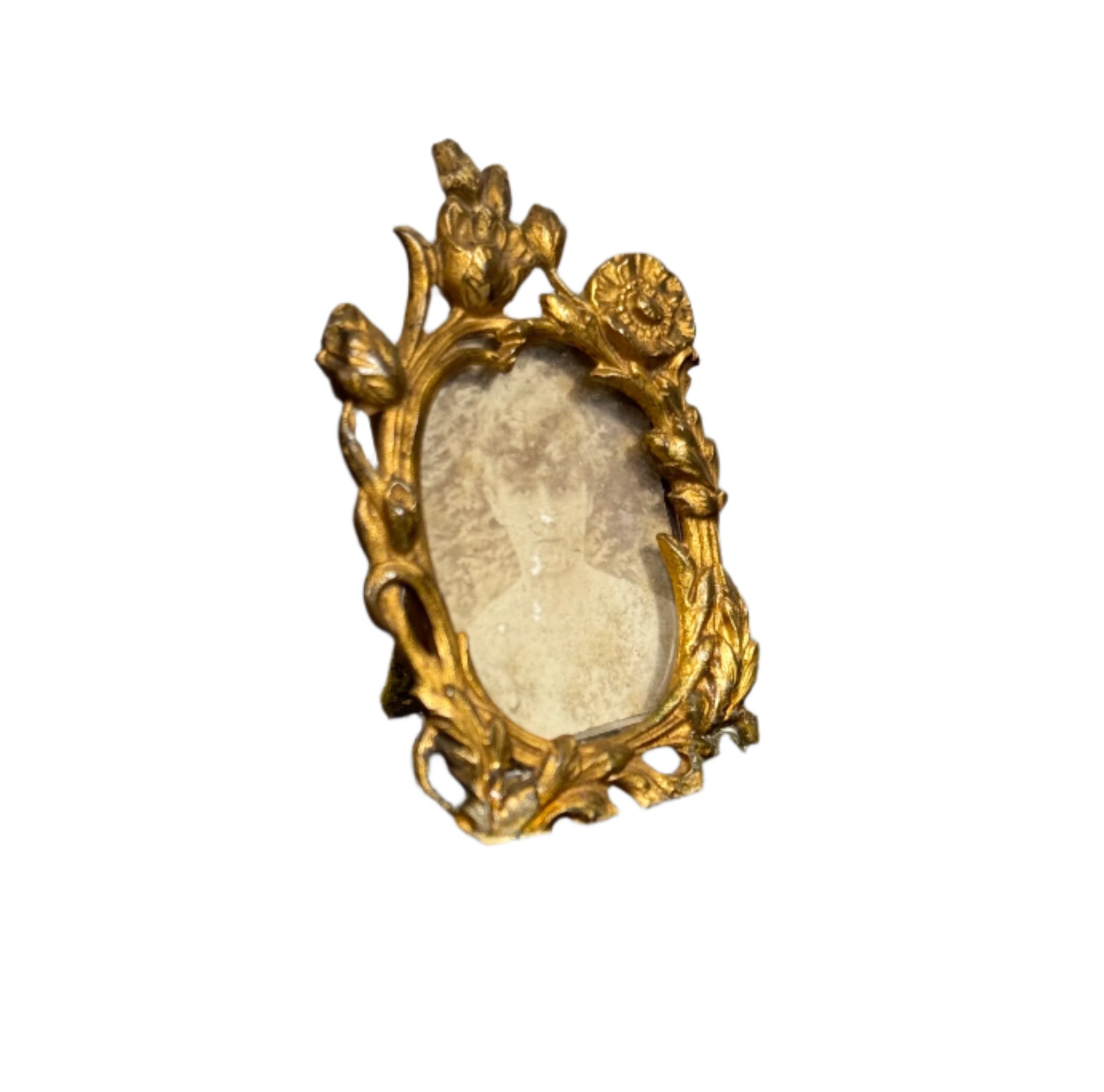 Antique Miniature Bronze Picture Frame with Floral Garland