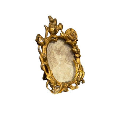 Antique Miniature Bronze Picture Frame with Floral Garland