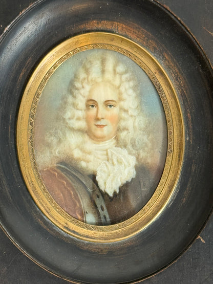 Antique Miniature Portrait Painting of an Aristocratic Gentleman in Ebonized Frame