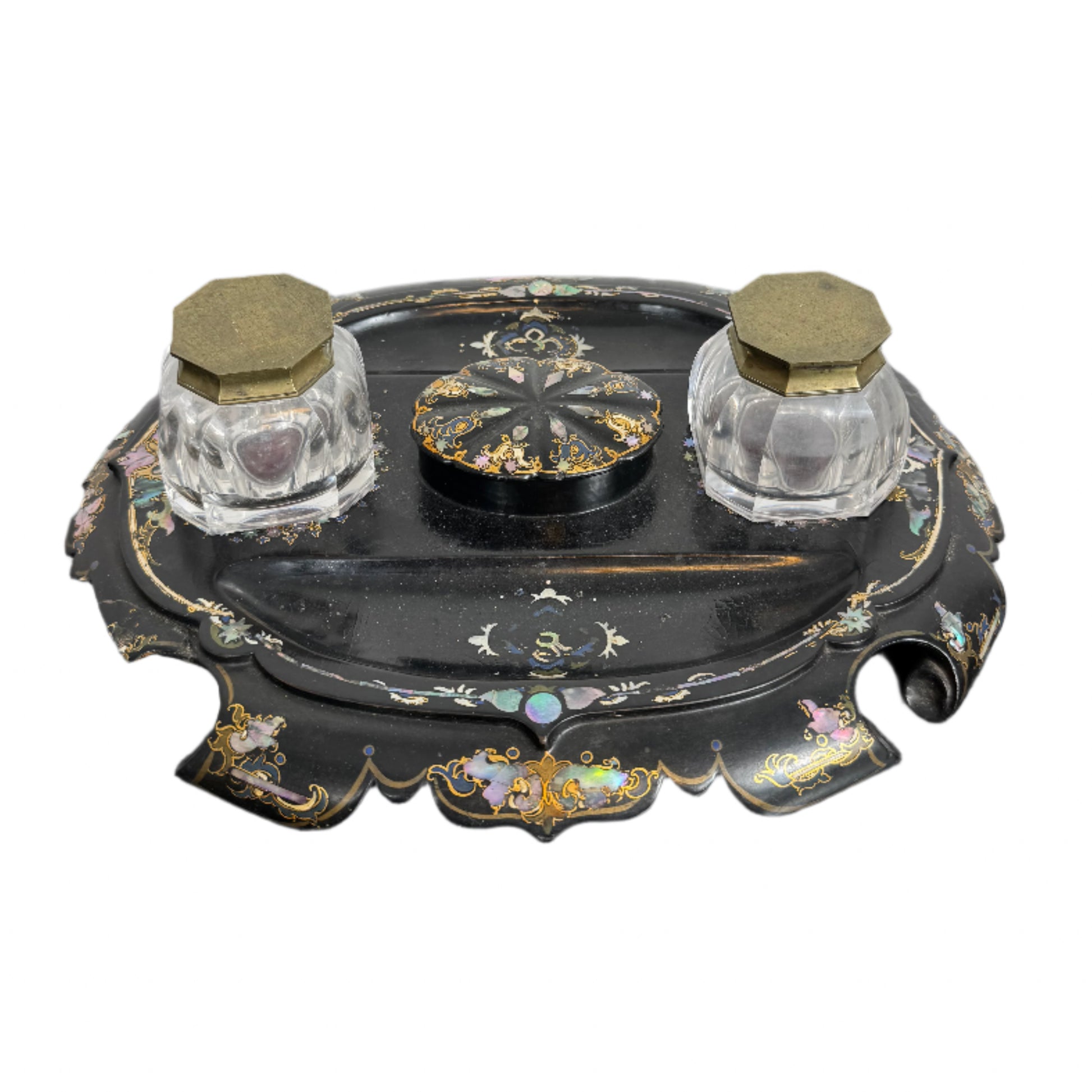 Antique Victorian Papier-Mâché and Mother-of-Pearl Inkwell 