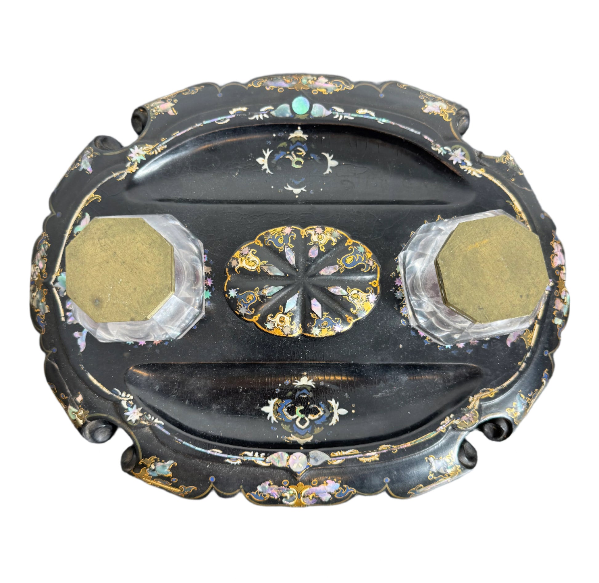 Antique Victorian Papier-Mâché and Mother-of-Pearl Inkwell 