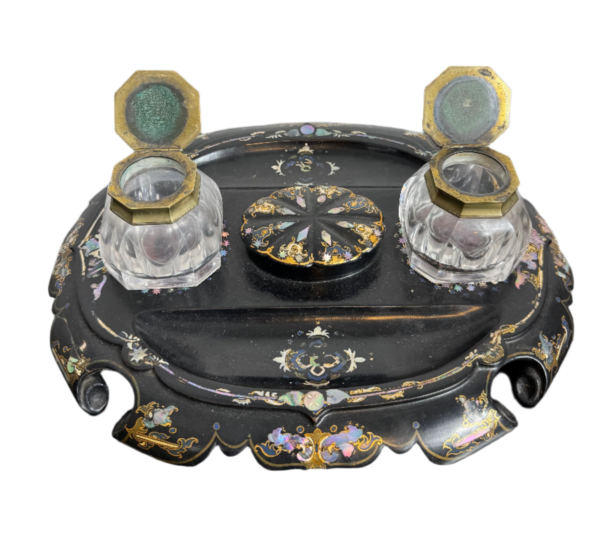 Antique Victorian Papier-Mâché and Mother-of-Pearl Inkwell 