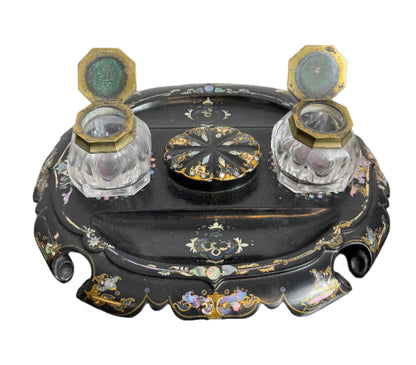 Antique Victorian Papier-Mâché and Mother-of-Pearl Inkwell 