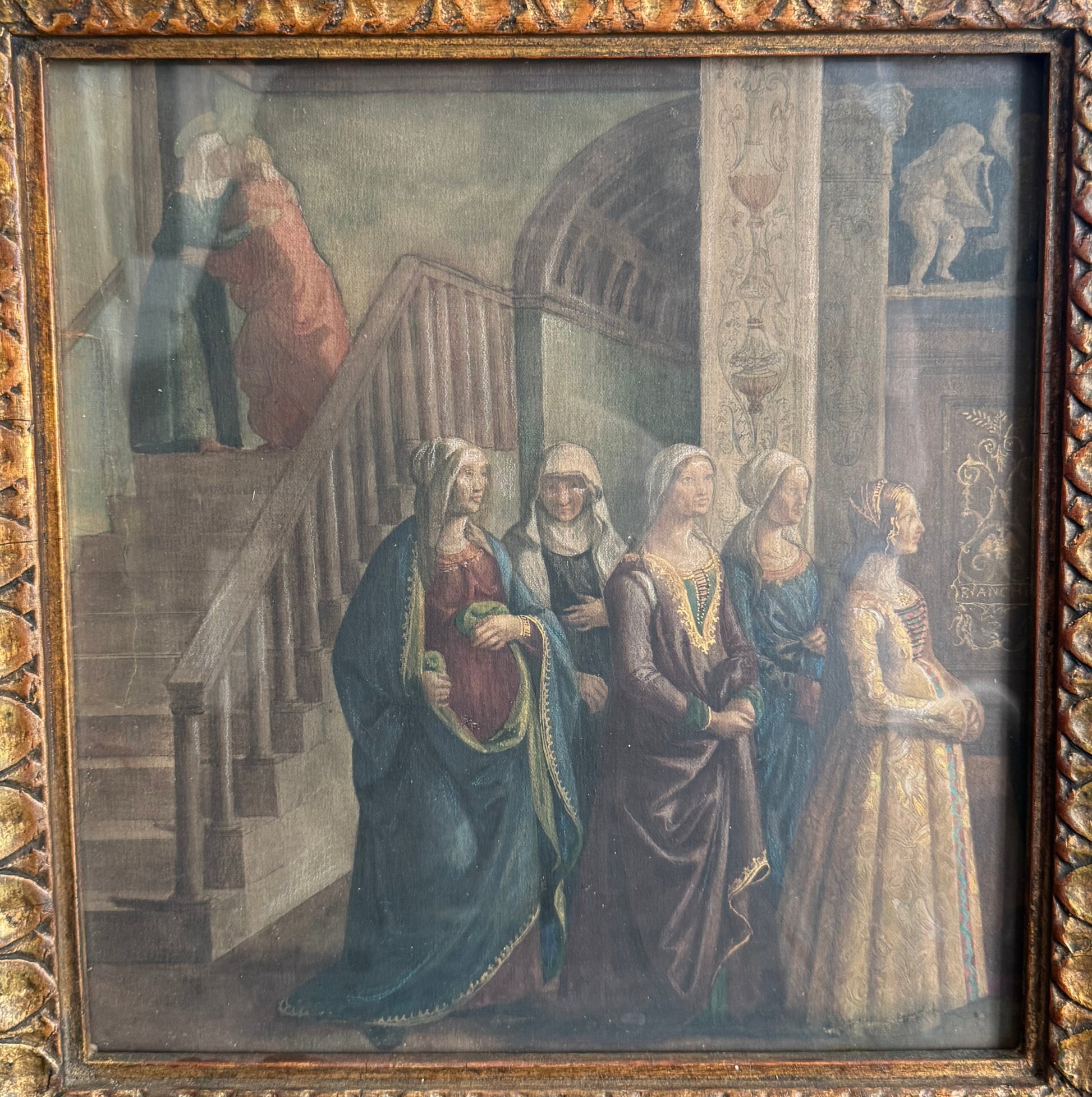 Antique Watercolor of Congregating Women