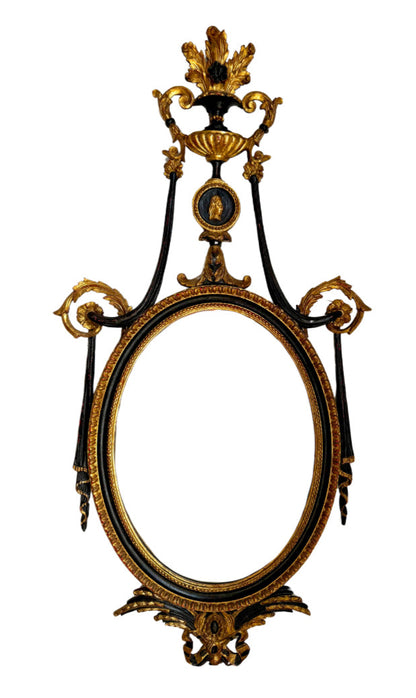 Antique Neoclassical Handcarved Black and Giltwood Mirror with Coin Medallion