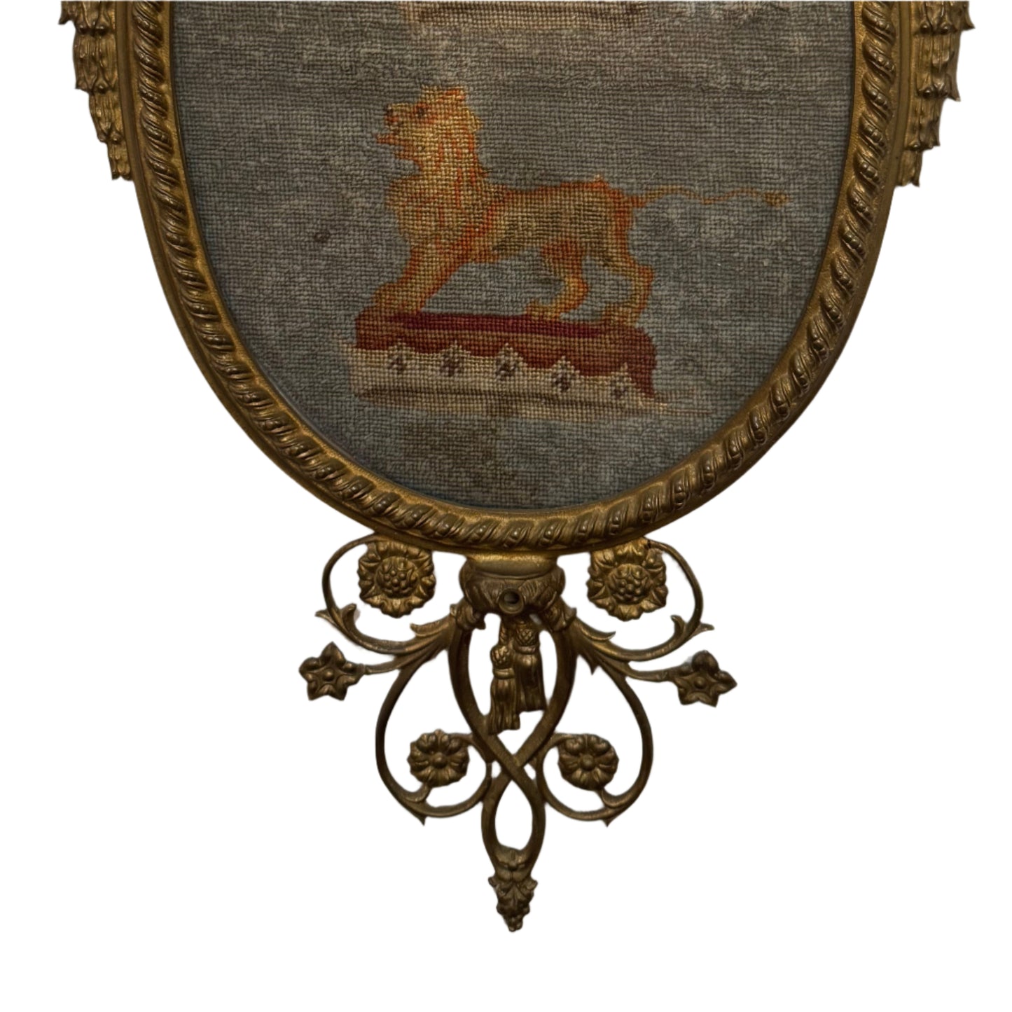 Antique Needlepoint Depicting a Crowned Lion Statant in an Ornate Gilt Bronze Frame