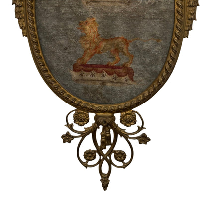 Antique Needlepoint Depicting a Crowned Lion Statant in an Ornate Gilt Bronze Frame