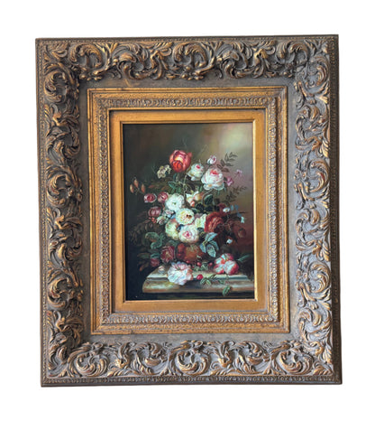 Vintage Still Life Floral Oil Painting in Ornate Baroque Frame