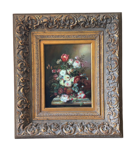 Vintage Still Life Floral Oil Painting in Ornate Baroque Frame