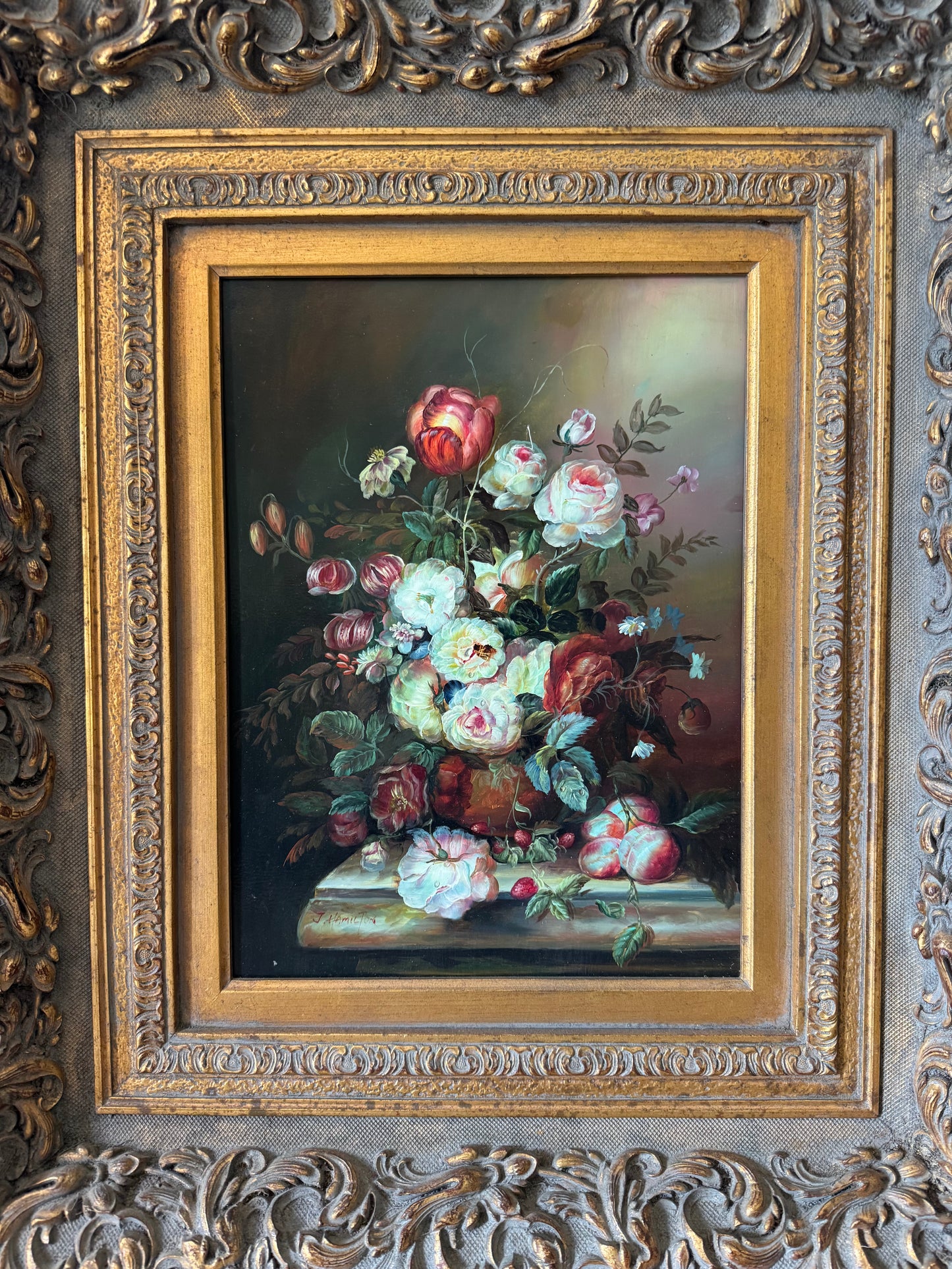 Vintage Still Life Floral Oil Painting in Ornate Baroque Frame