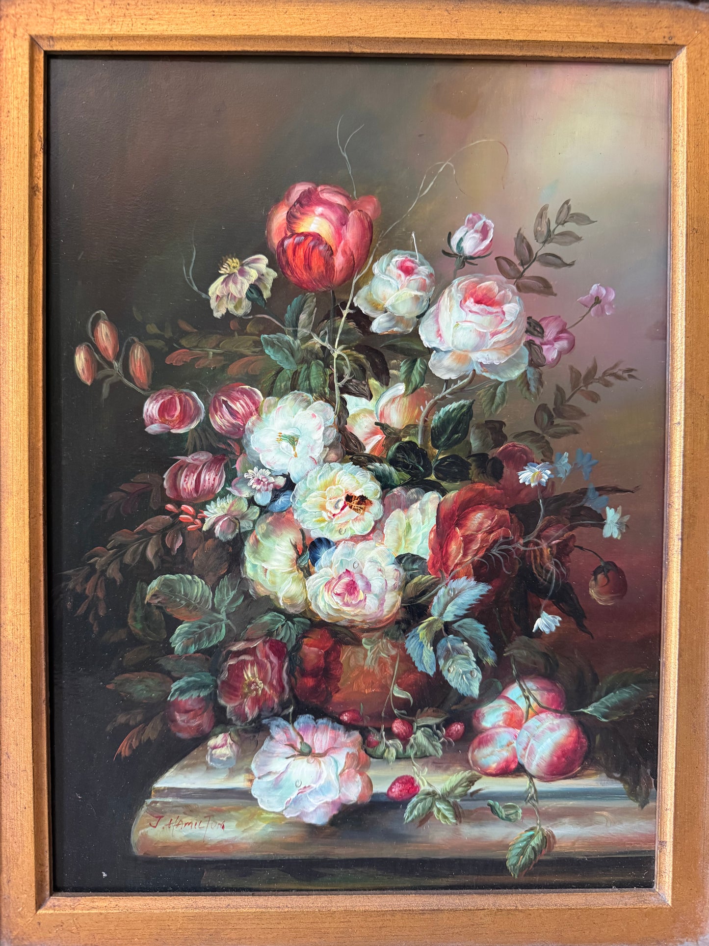 Vintage Still Life Floral Oil Painting in Ornate Baroque Frame
