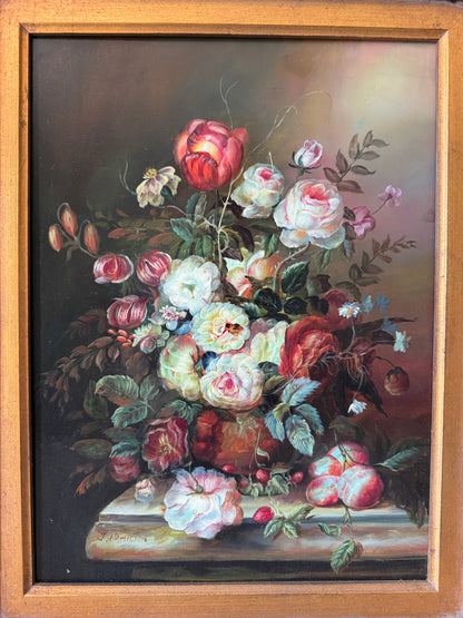Vintage Still Life Floral Oil Painting in Ornate Baroque Frame