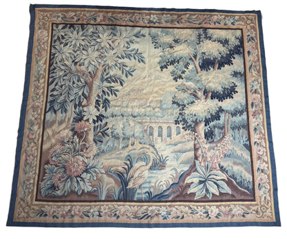 Large French Aubusson Verdure Tapestry with Herons and Architectural Landscape