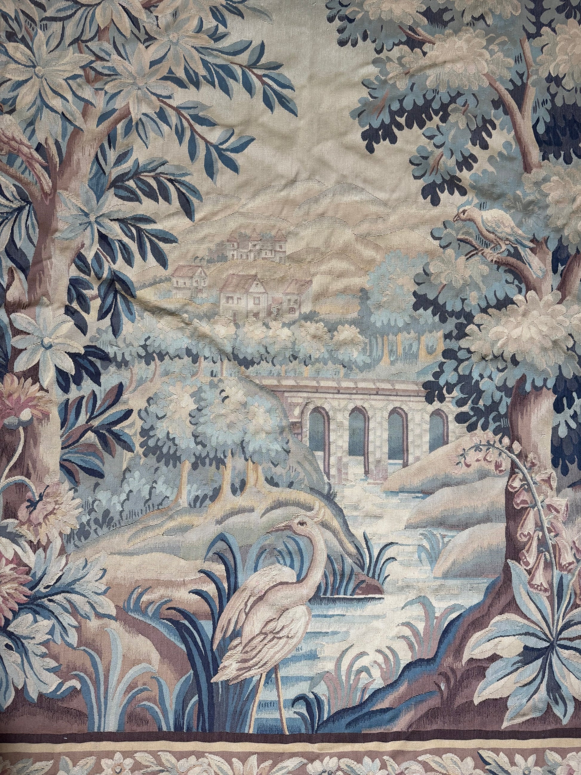 Large French Aubusson Verdure Tapestry with Herons and Architectural Landscape