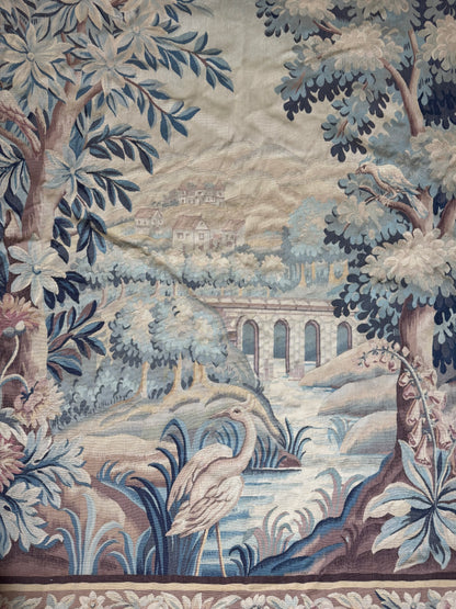 Large French Aubusson Verdure Tapestry with Herons and Architectural Landscape
