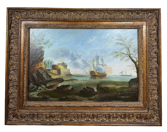 Large Vintage Maritime Oil Painting – Coastal Fort & Sailing Ships