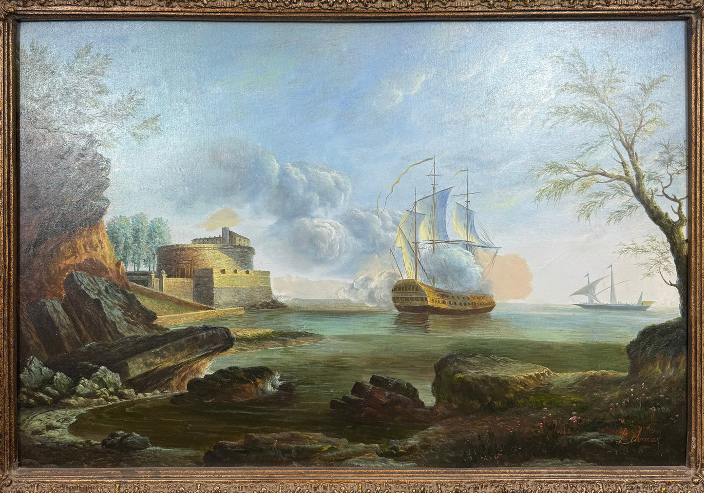 Large Vintage Maritime Oil Painting – Coastal Fort & Sailing Ships