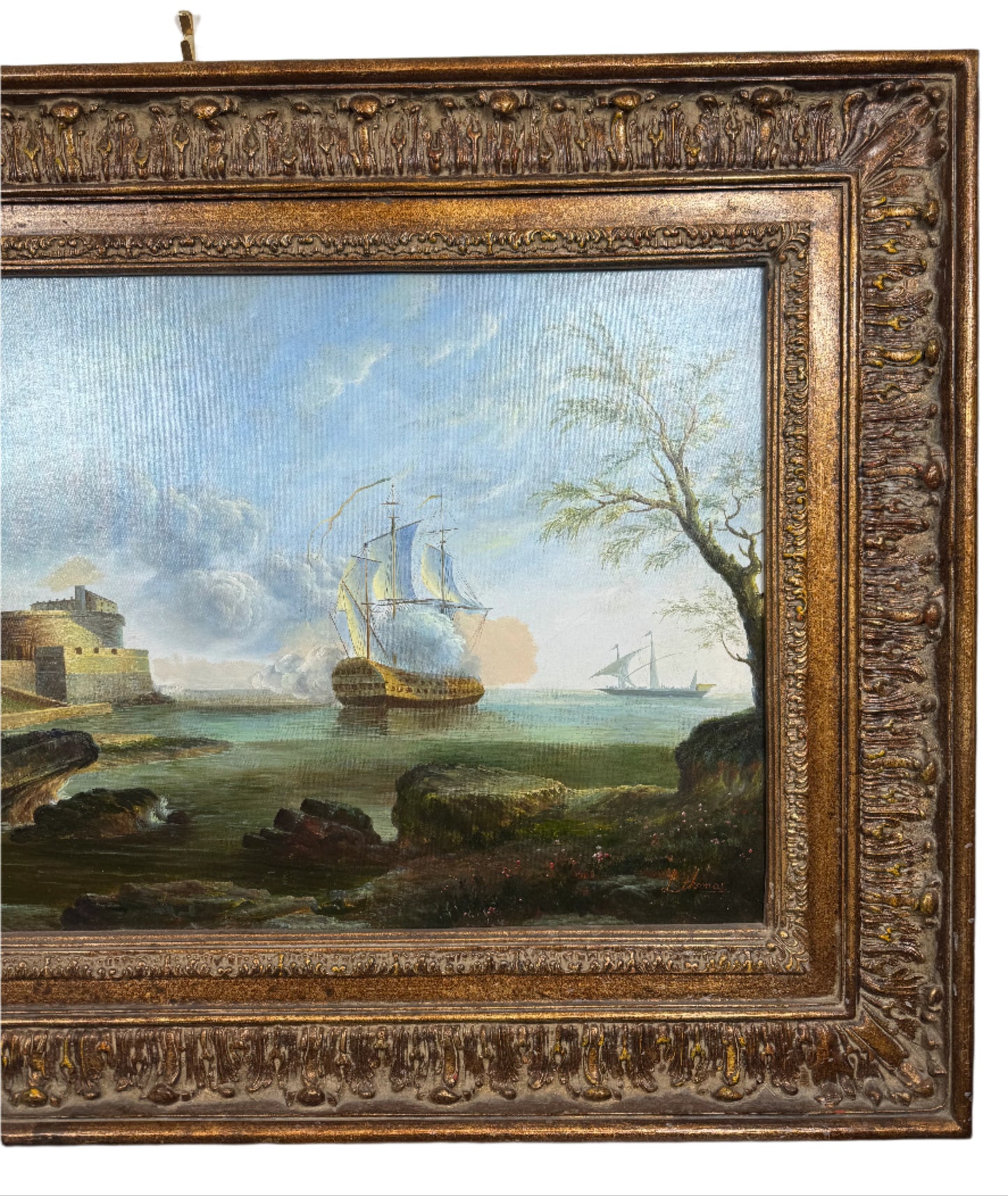 Large Vintage Maritime Oil Painting – Coastal Fort & Sailing Ships