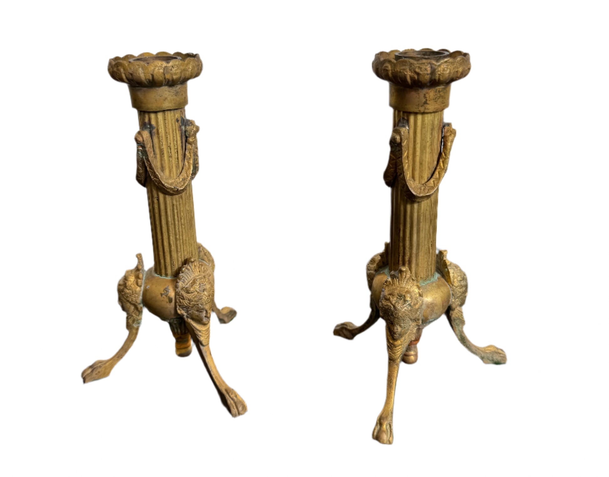 Pair of Antique Neoclassical Gilt Bronze Candlesticks with Woman’s Head and Paw Feet