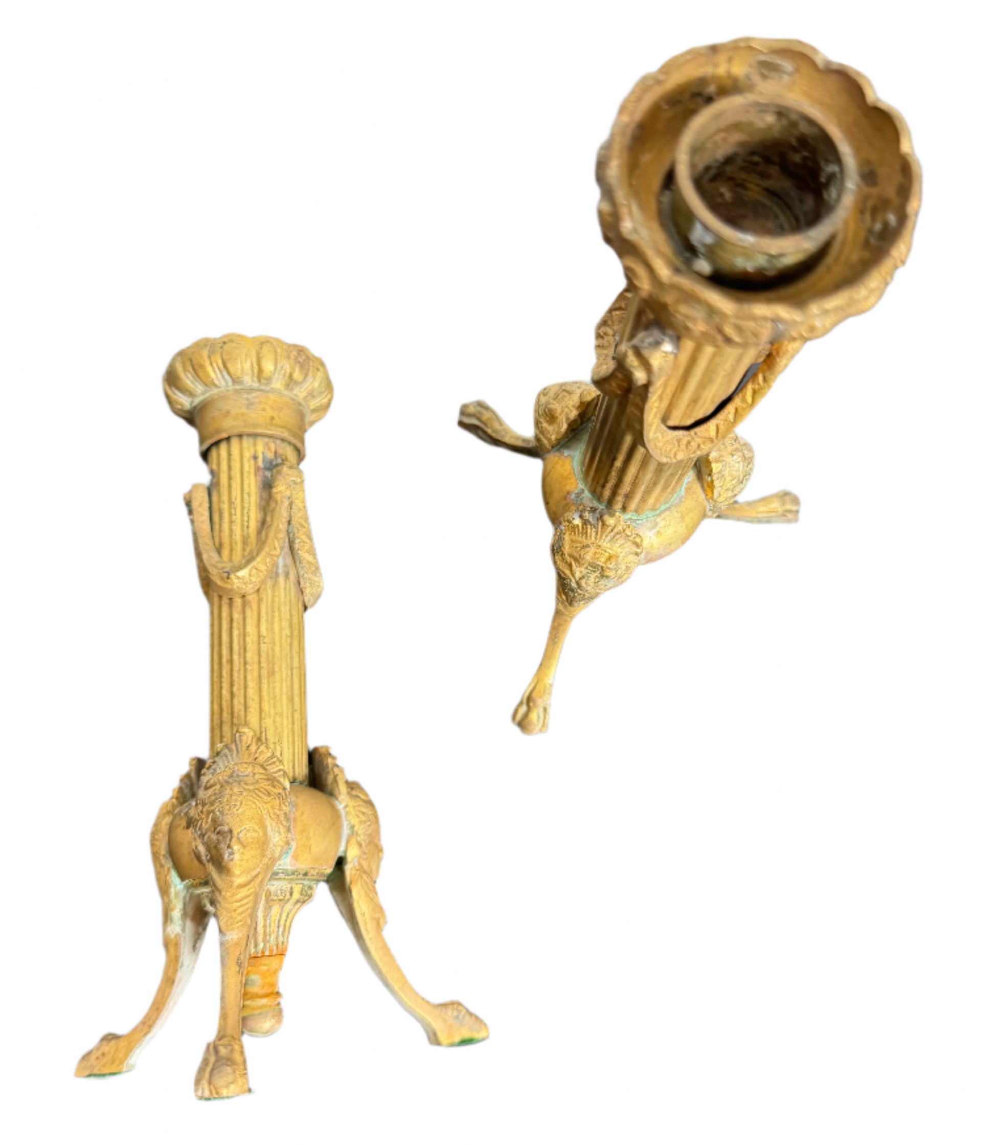 Pair of Antique Neoclassical Gilt Bronze Candlesticks with Woman’s Head and Paw Feet