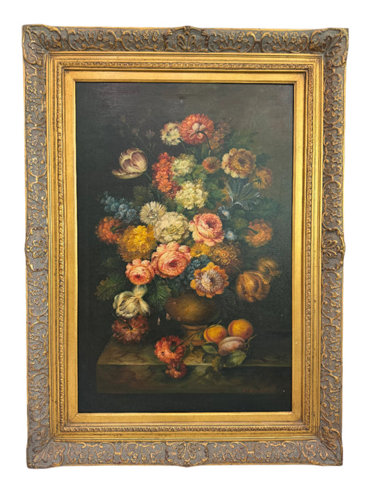 Signed Vintage Oil on Canvas Still Life of Flowers and Fruit in Ornate Gilt Frame