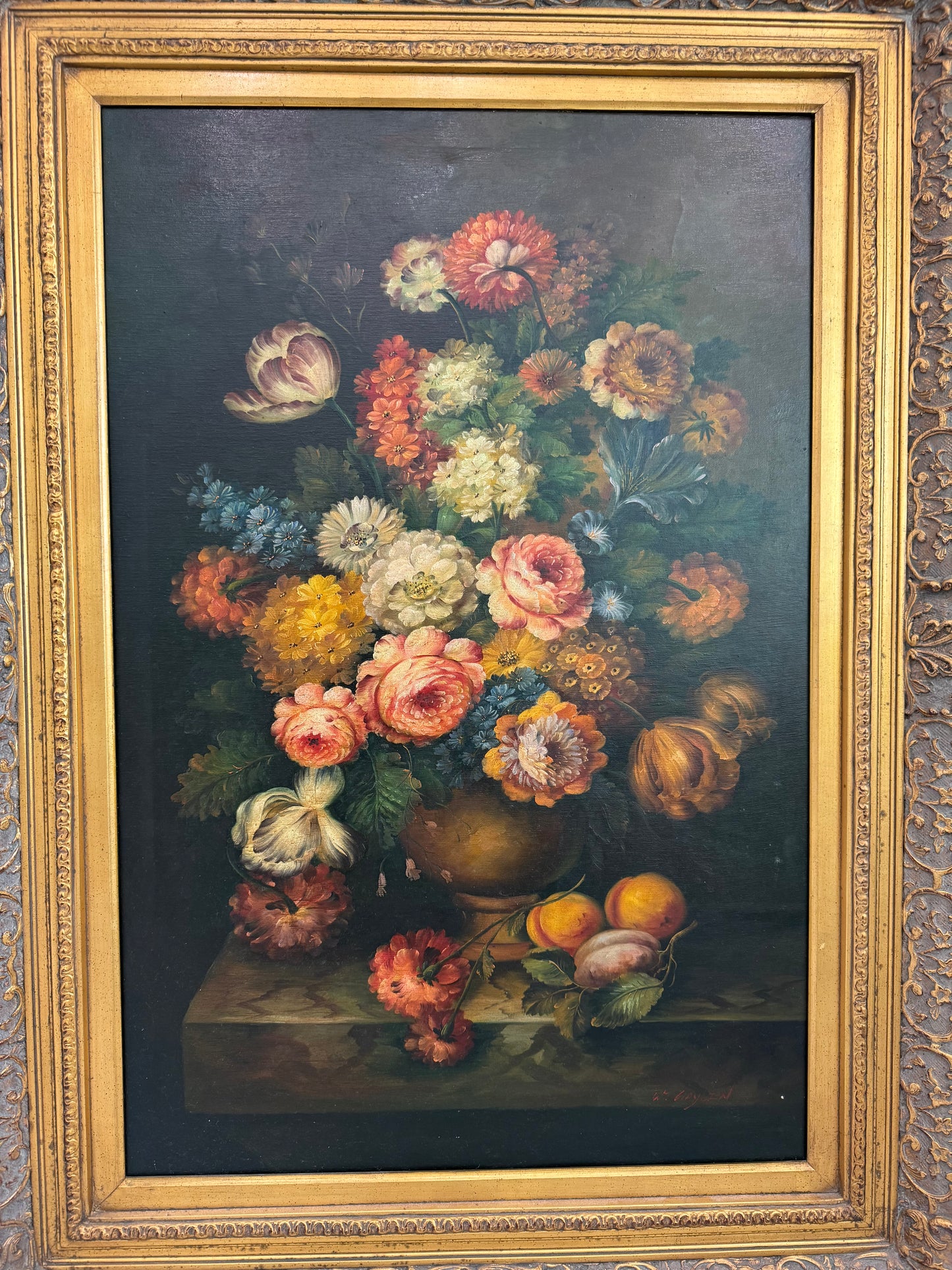 Signed Vintage Oil on Canvas Still Life of Flowers and Fruit in Ornate Gilt Frame