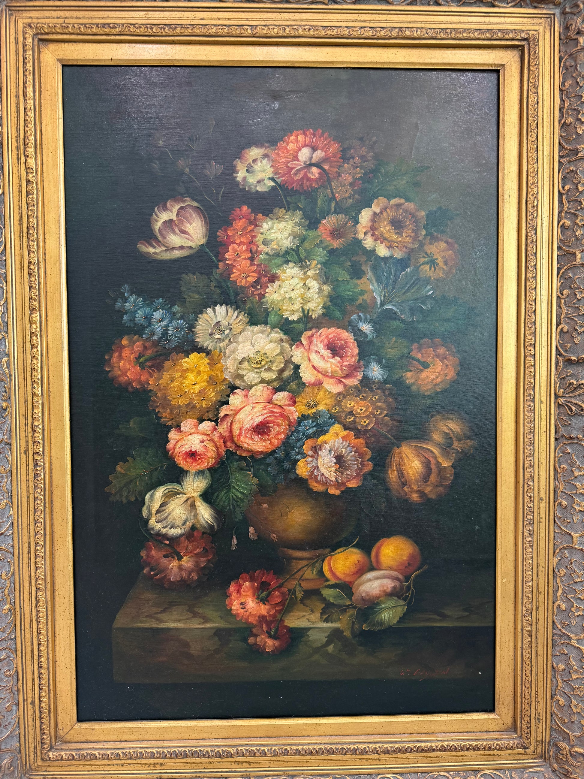 Signed Vintage Oil on Canvas Still Life of Flowers and Fruit in Ornate Gilt Frame