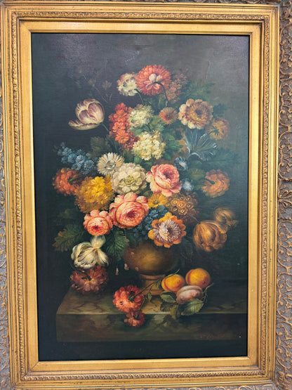 Signed Vintage Oil on Canvas Still Life of Flowers and Fruit in Ornate Gilt Frame