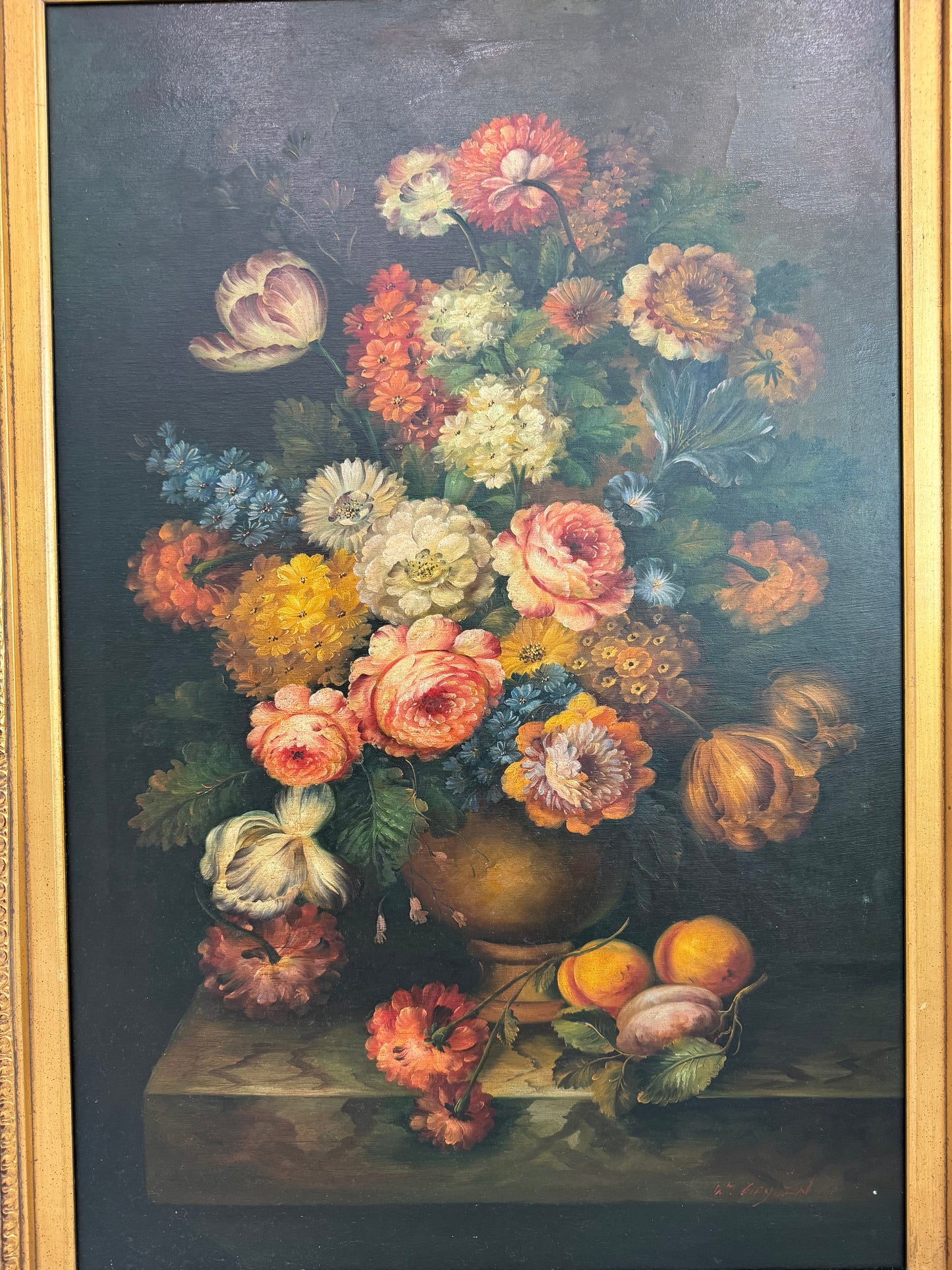 Signed Vintage Oil on Canvas Still Life of Flowers and Fruit in Ornate Gilt Frame