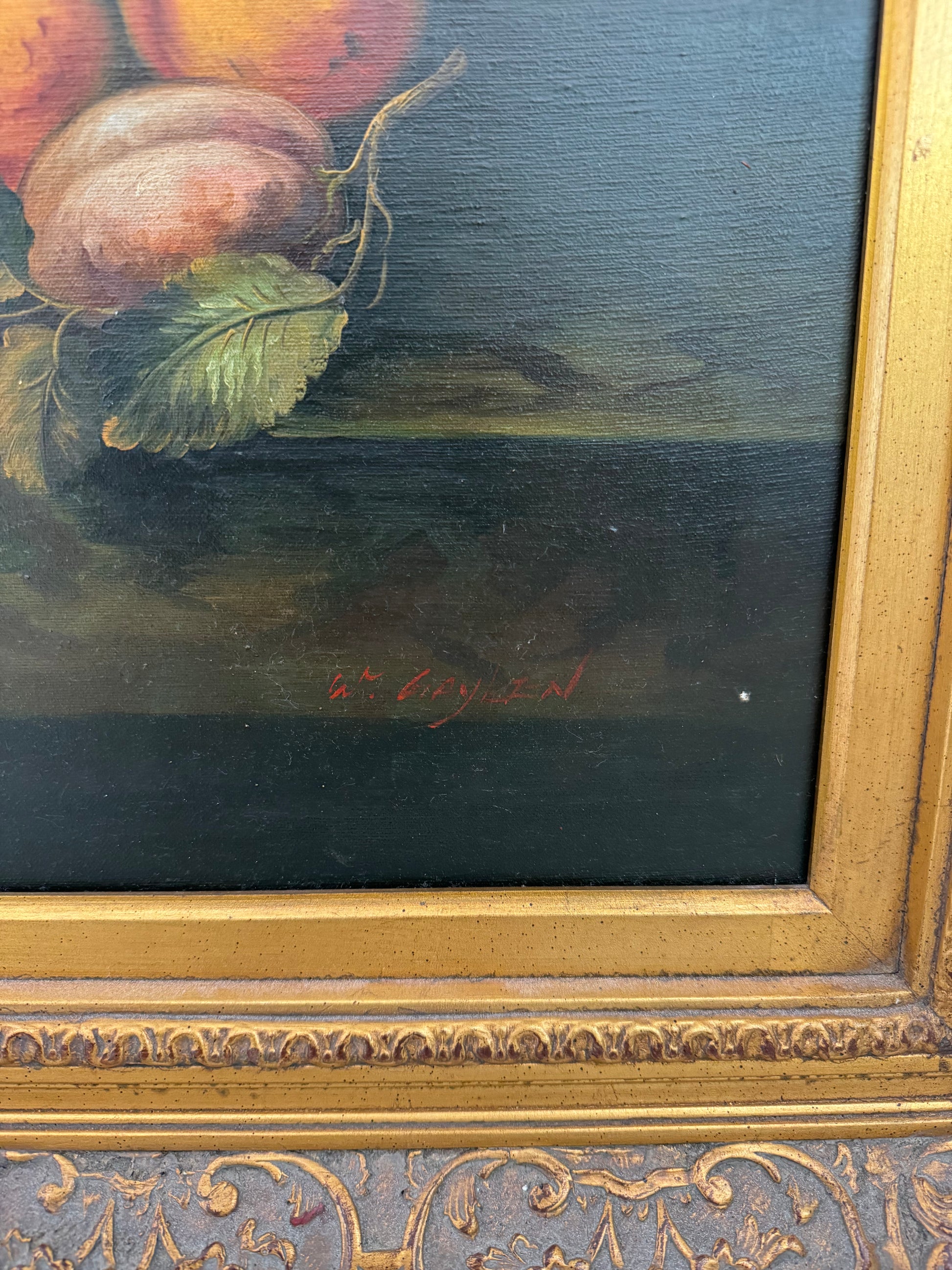 Signed Vintage Oil on Canvas Still Life of Flowers and Fruit in Ornate Gilt Frame